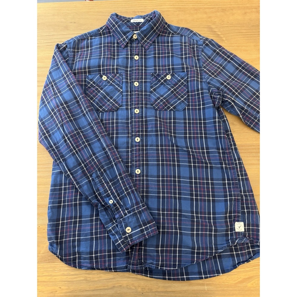 American Eagle Mens Medium Button Up Shirt Blue Red Plaid Athletic Fit LS